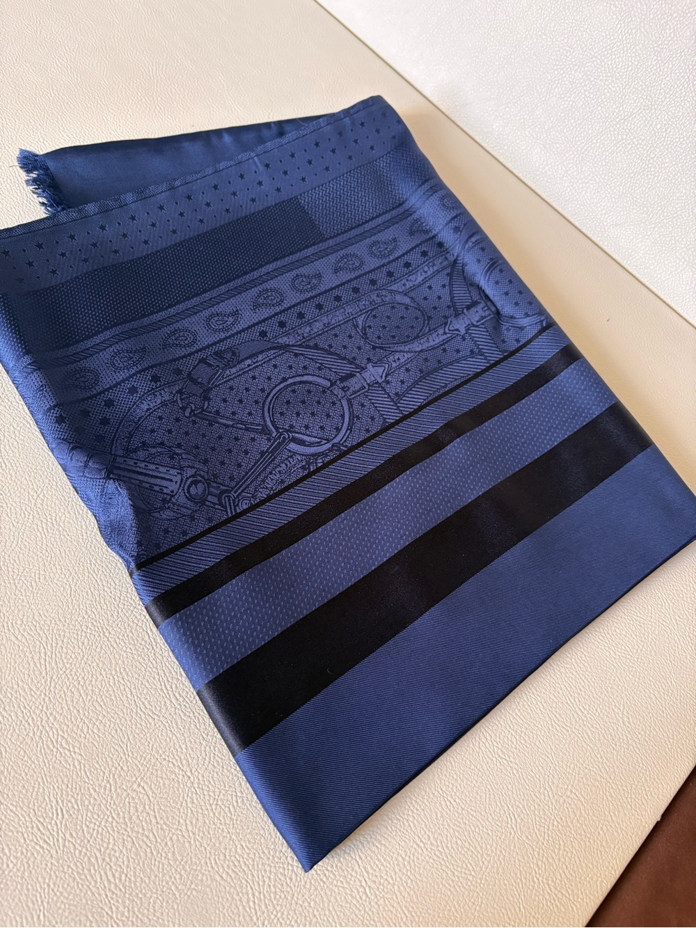 Hermès navy-blue and black jacquard scarf/shawl,